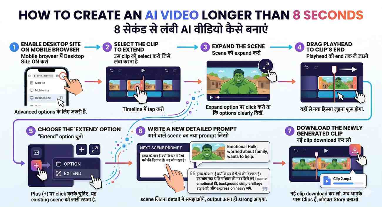 8 second से लंबी AI वीडियो कैसे बनाएं