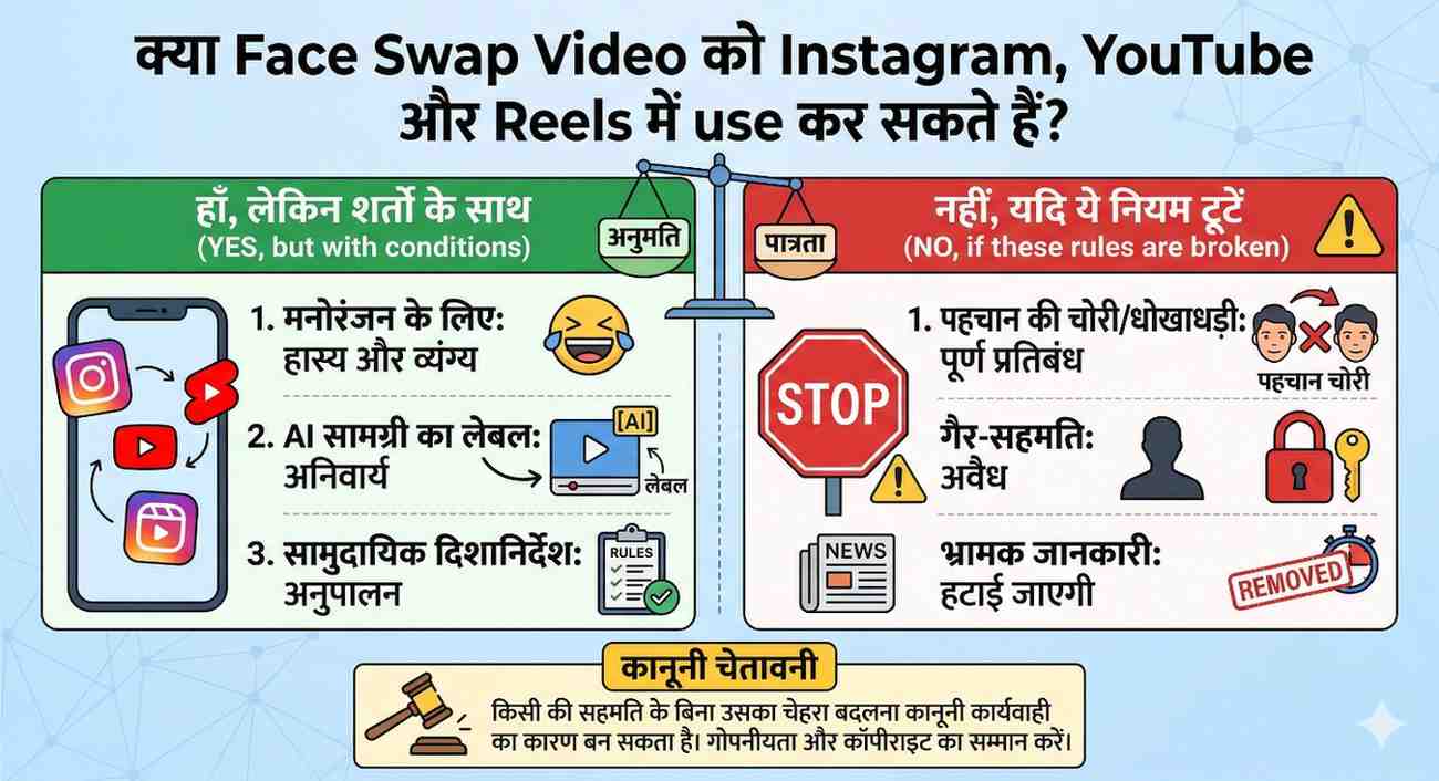 क्या Face Swap Video को Instagram, YouTube और Reels में use कर सकते हैं?