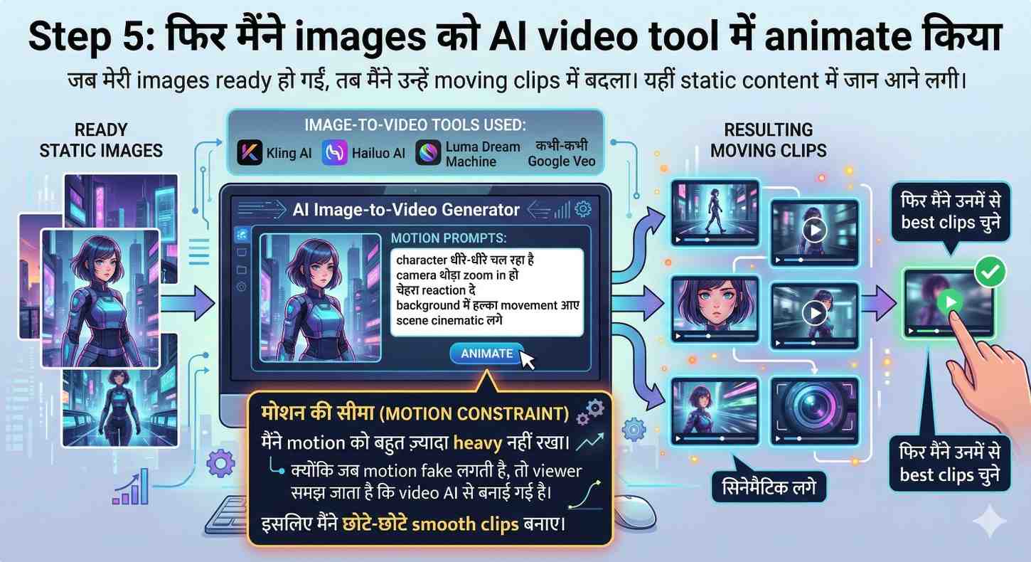 फिर मैंने images को AI video tool में animate किया