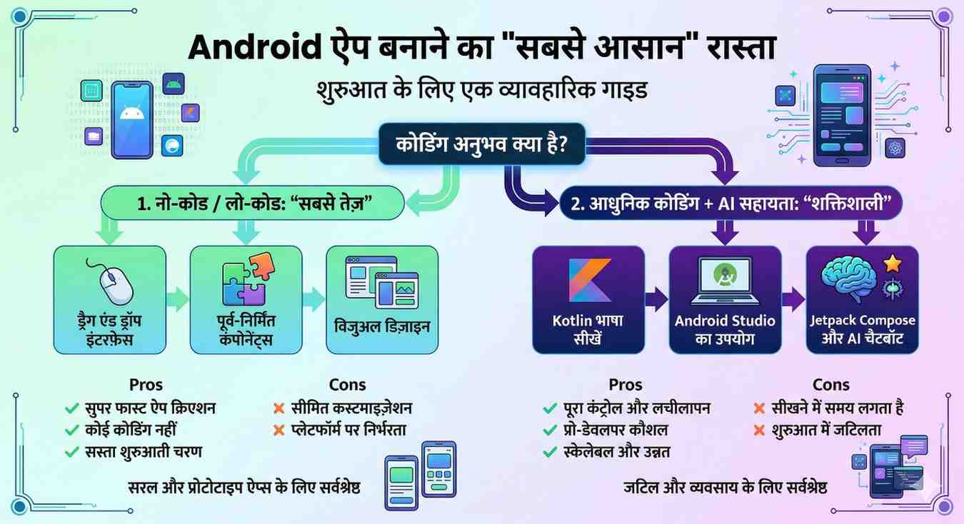 2026 में Android app बनाने के लिए कौन सा रास्ता सबसे आसान है