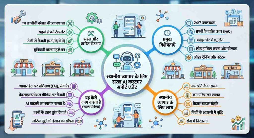 local business के लिए simple AI Customer Support Agent बनाना।